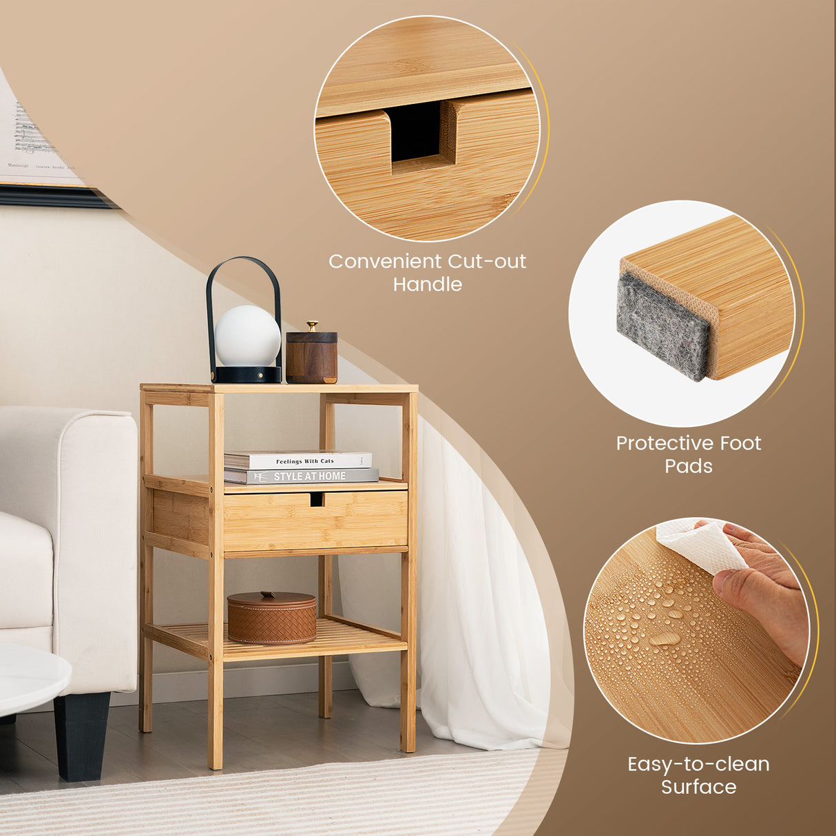 Nightstand Set of 2 Bamboo End Table with 2 Open Shelves and Drawer