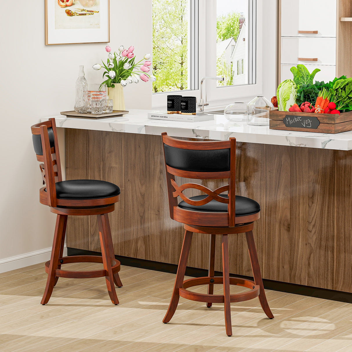 Bar Stools Set of 2 with Rubber Wood Frame and Faux Leather Upholstered Seat