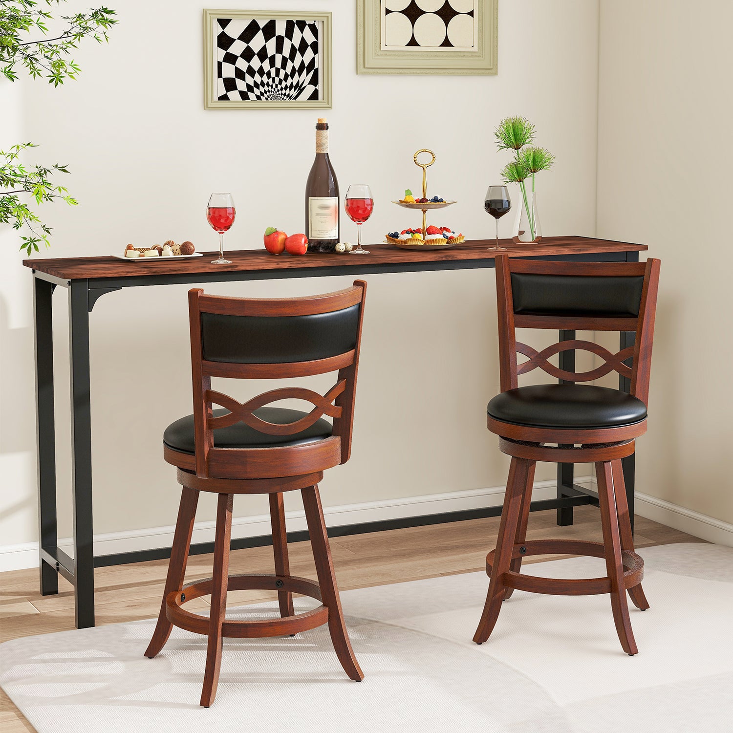 Bar Stools Set of 2 with Rubber Wood Frame and Faux Leather Upholstered Seat