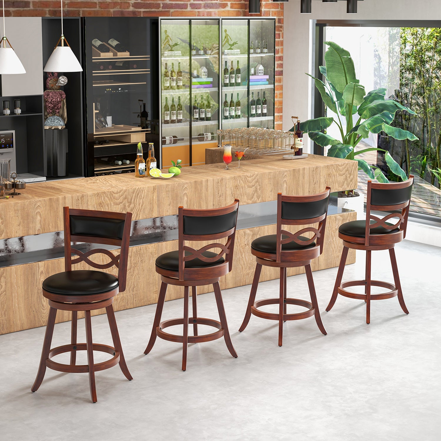 Bar Stools Set of 2 with Rubber Wood Frame and Faux Leather Upholstered Seat
