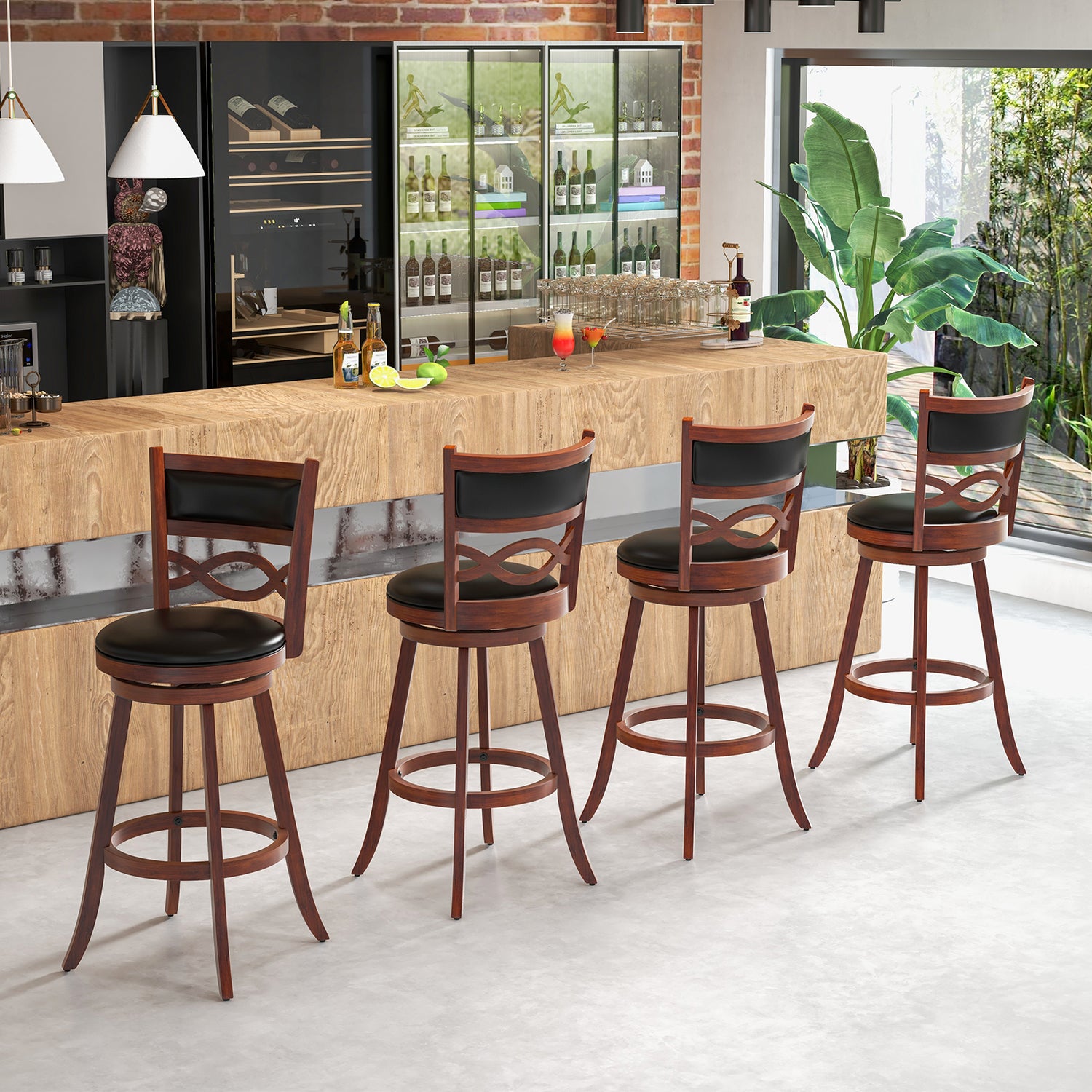 Bar Stools Set of 2 with Rubber Wood Frame and Faux Leather Upholstered Seat