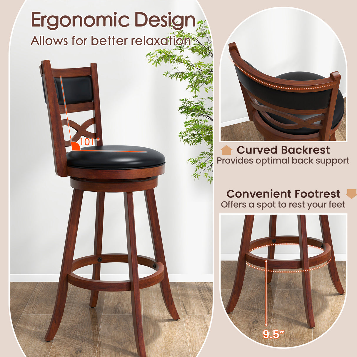 Bar Stools Set of 2 with Rubber Wood Frame and Faux Leather Upholstered Seat