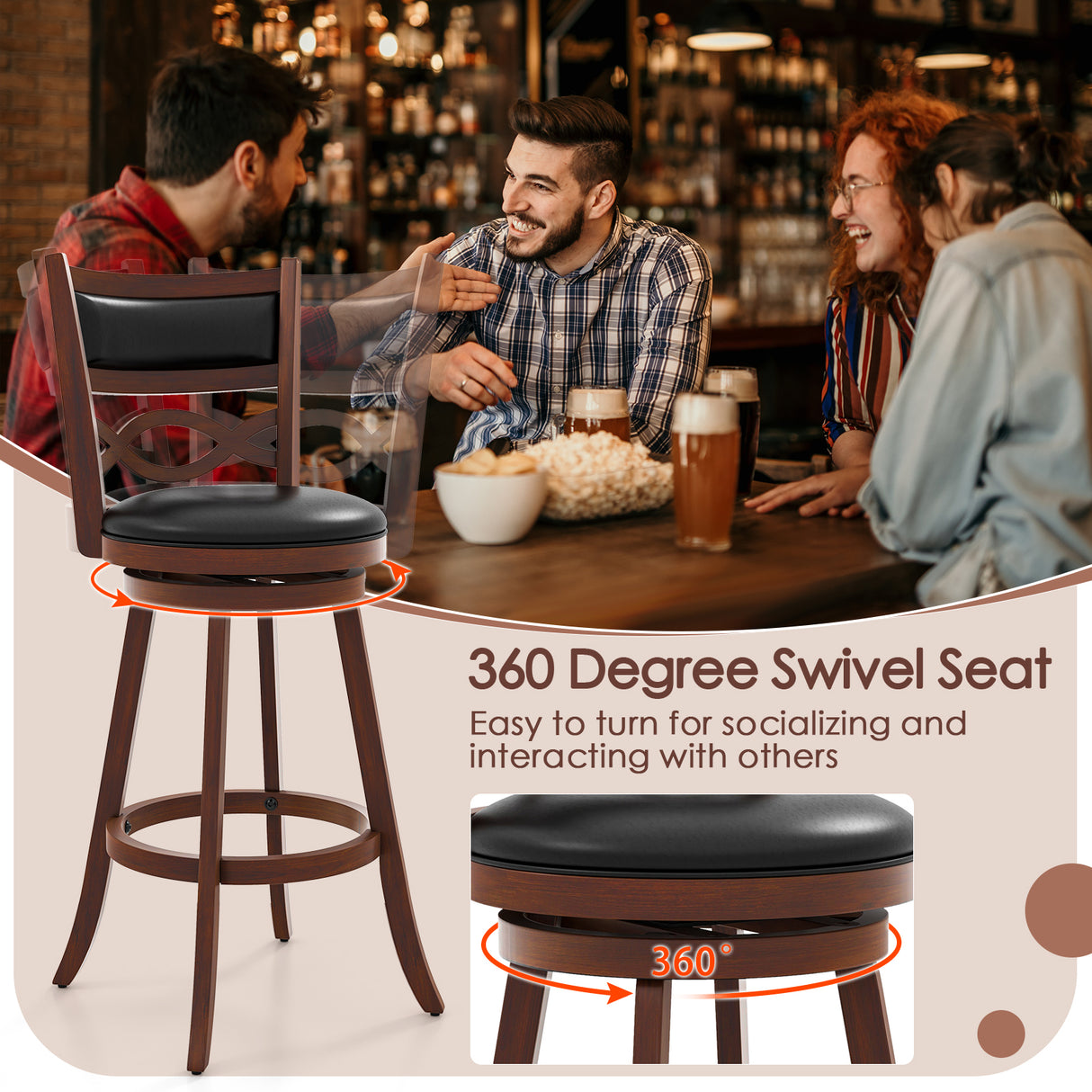 Bar Stools Set of 2 with Rubber Wood Frame and Faux Leather Upholstered Seat