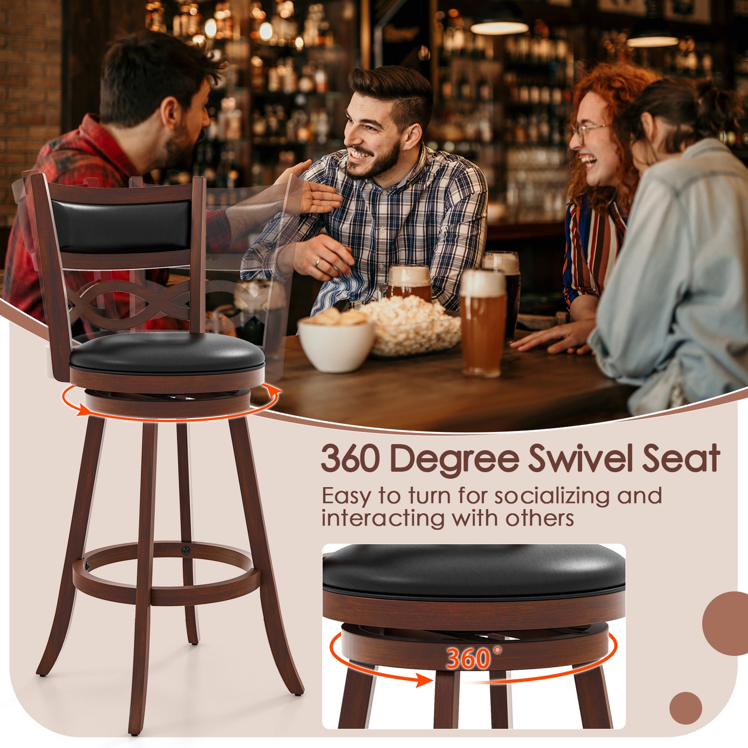 Bar Stools Set of 2 with Rubber Wood Frame and Faux Leather Upholstered Seat