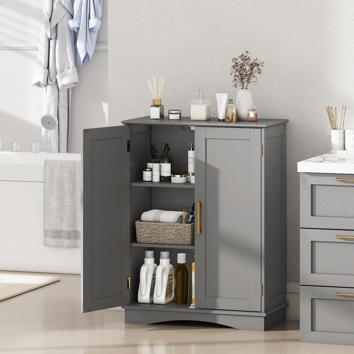 Bathroom Floor Storage Cabinet with 2 Doors and Adjustable Shelves