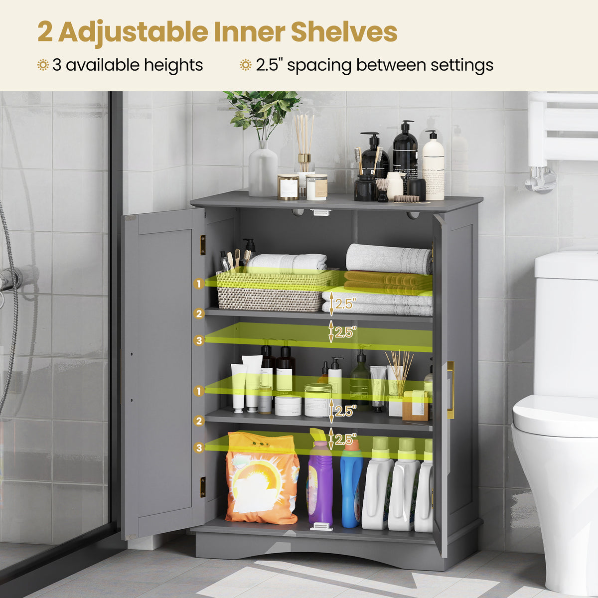Bathroom Floor Storage Cabinet with 2 Doors and Adjustable Shelves
