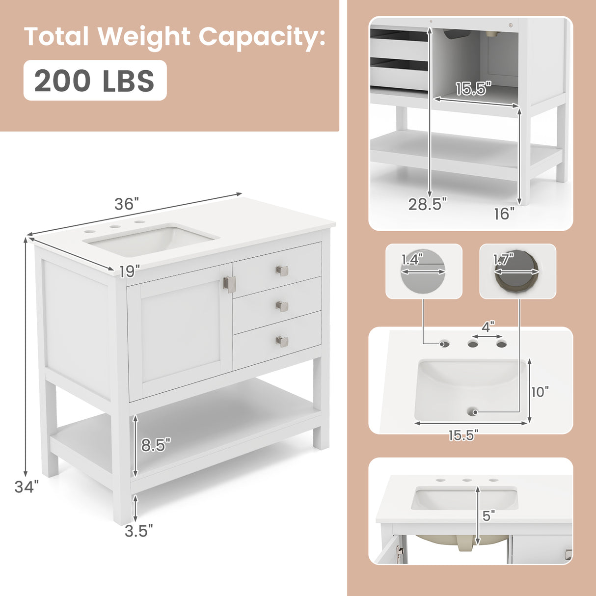 Freestanding Bathroom Vanity Unit with Basin Floor Storage Cabinet-White