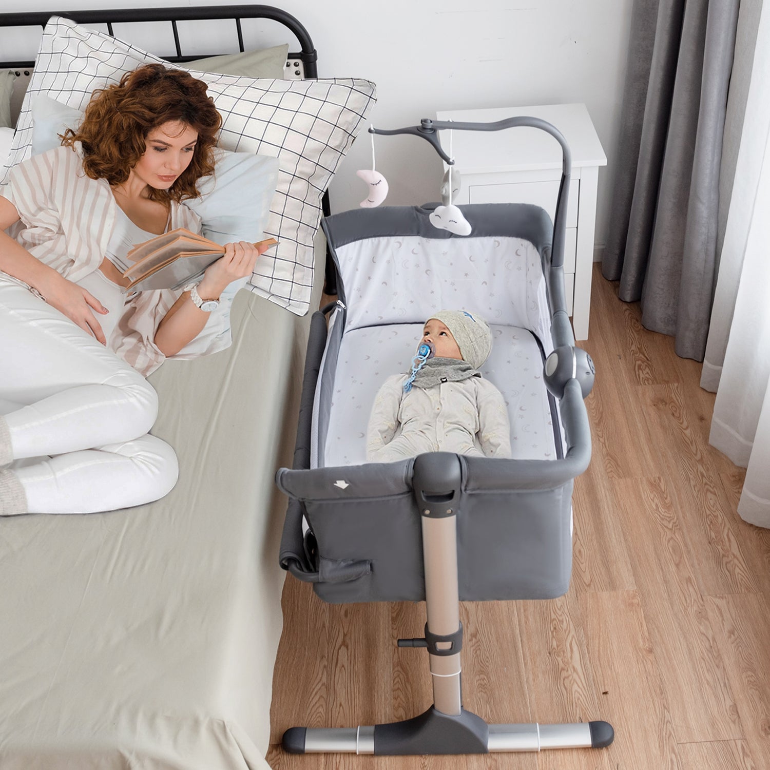 Height Adjustable Baby Side Crib with Music Box & Toys-Dark Gray
