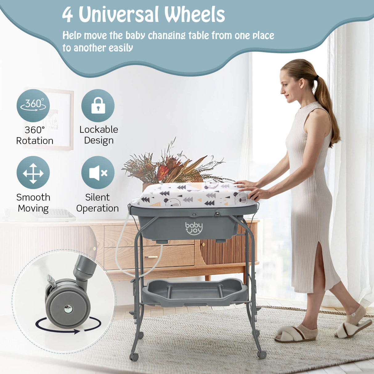 Portable Baby Changing Table with Storage Basket and Shelves