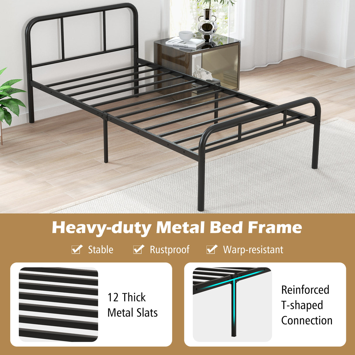Modern Metal Platform Bed with Headboard and Footboard