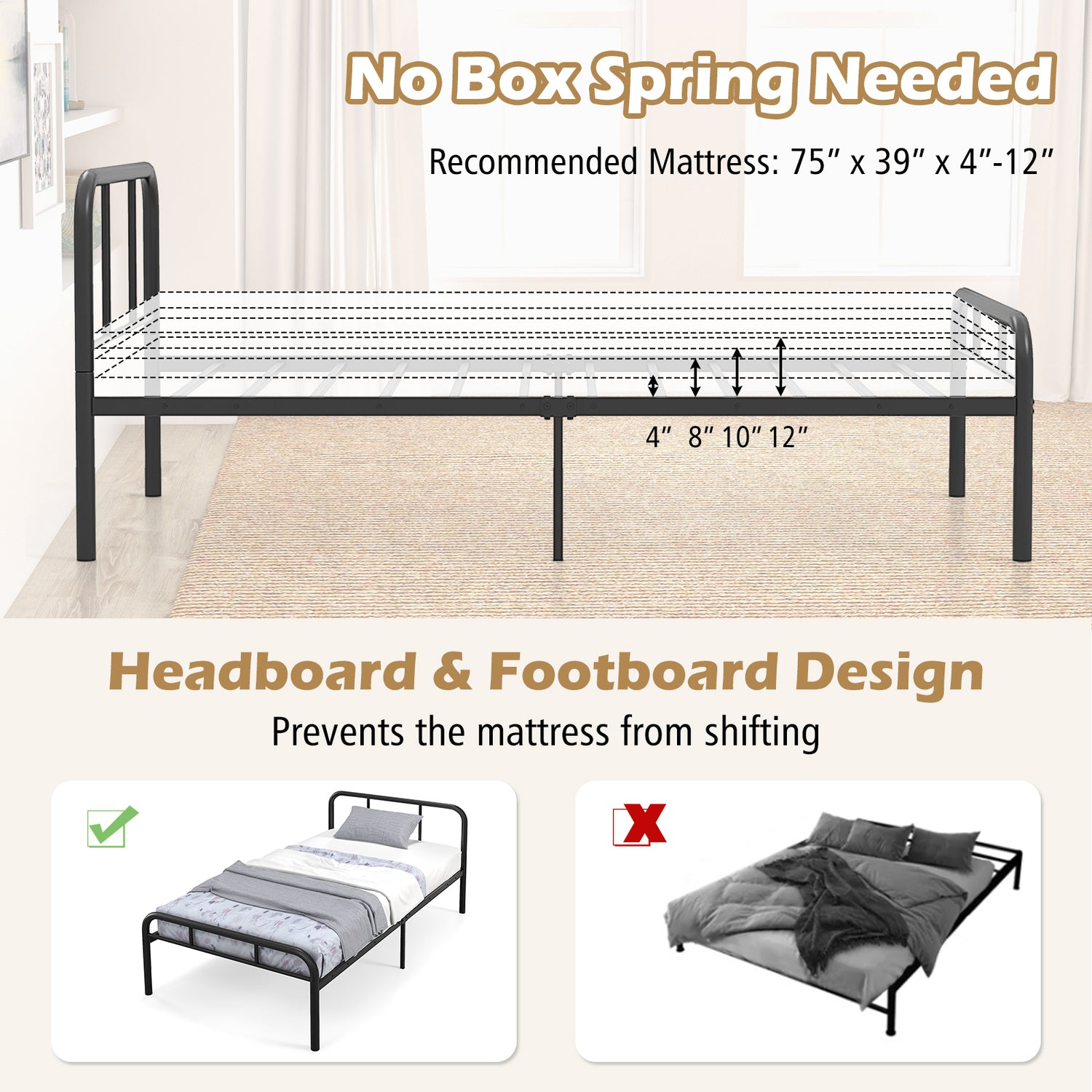 Modern Metal Platform Bed with Headboard and Footboard