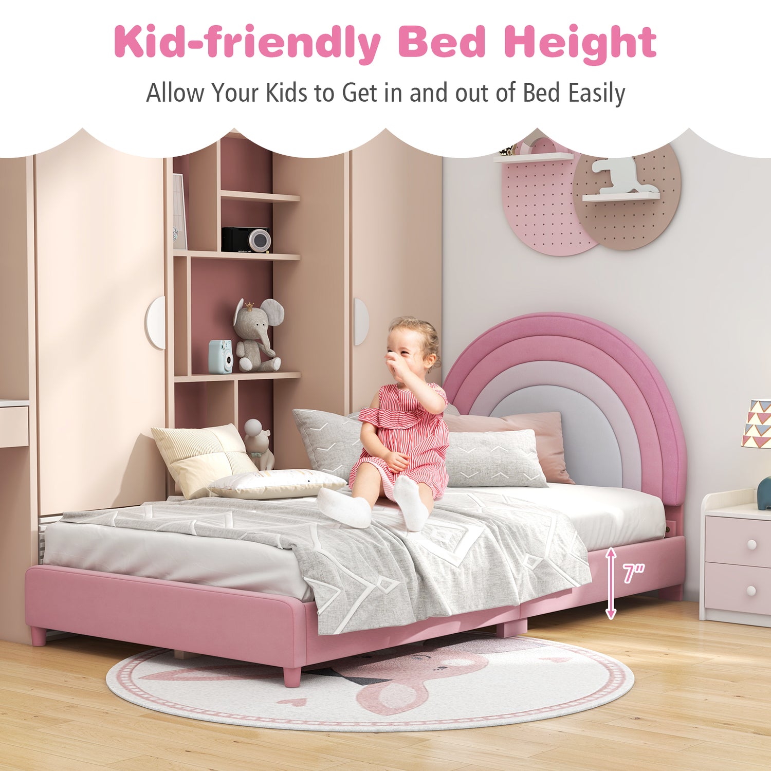 Twin Bed Frame with Height-Adjustable Headboard and Sturdy Wooden Slats