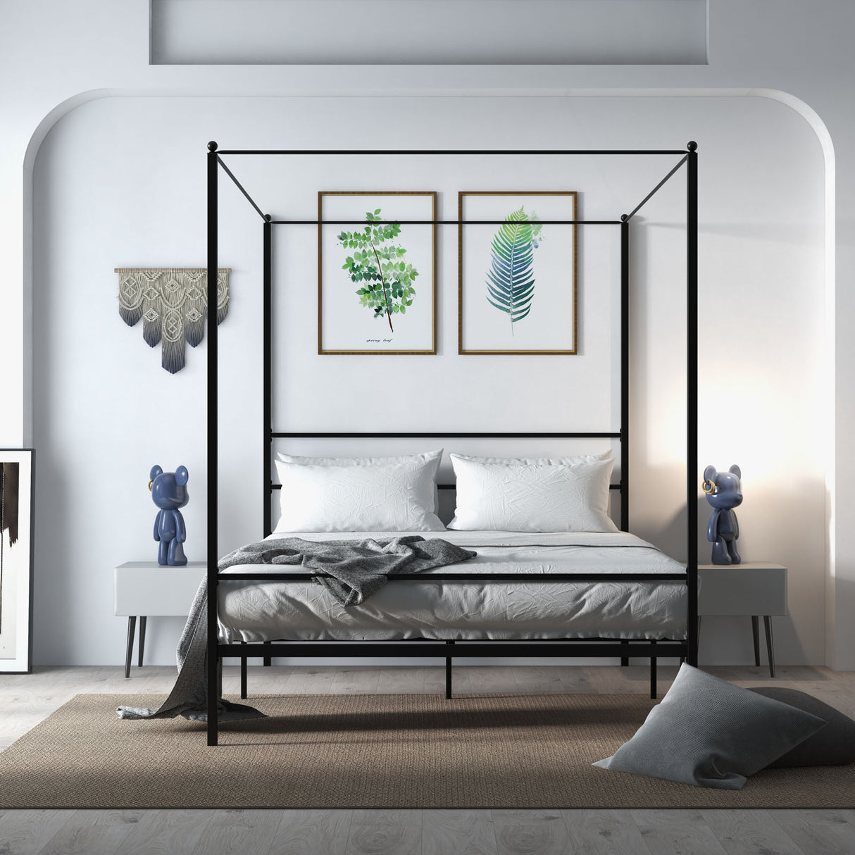 Twin/Full/Queen Size Metal Canopy Bed Frame with Slat Support