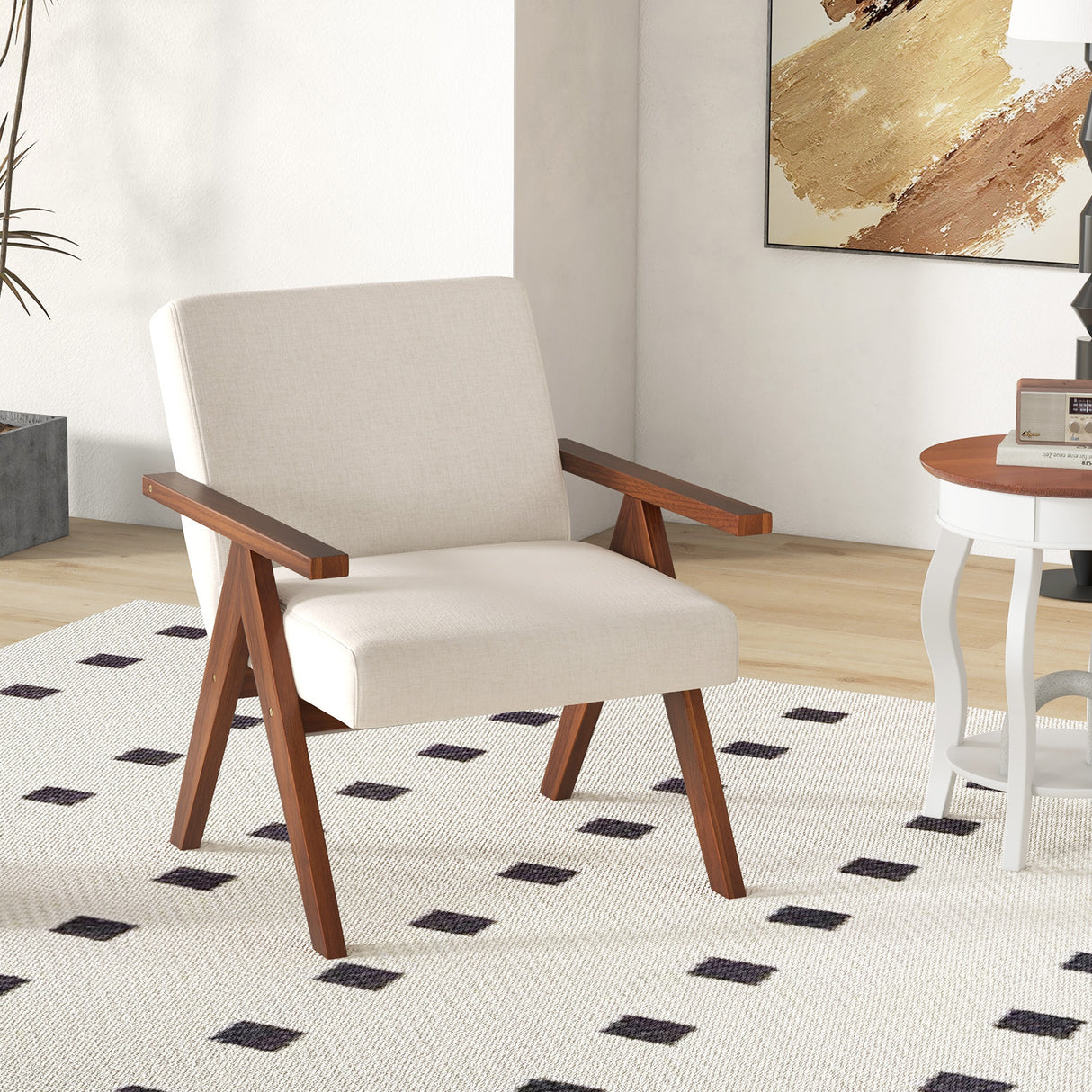 Modern Accent Chair Linen Fabric Armchair with Solid Acacia Wood Frame-Beige