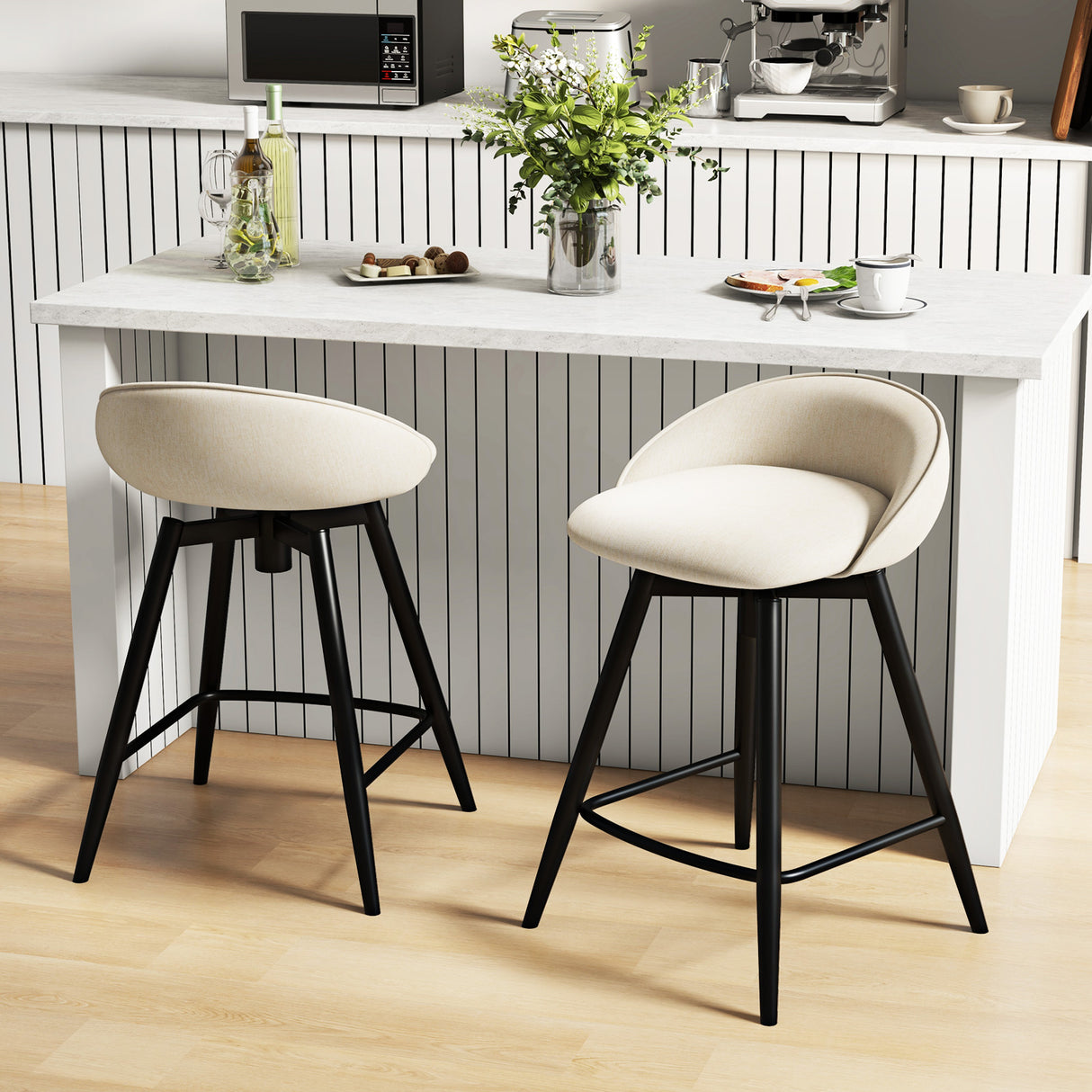 Upholstered Bar Stools Set of 2 with Footrest and Backrest