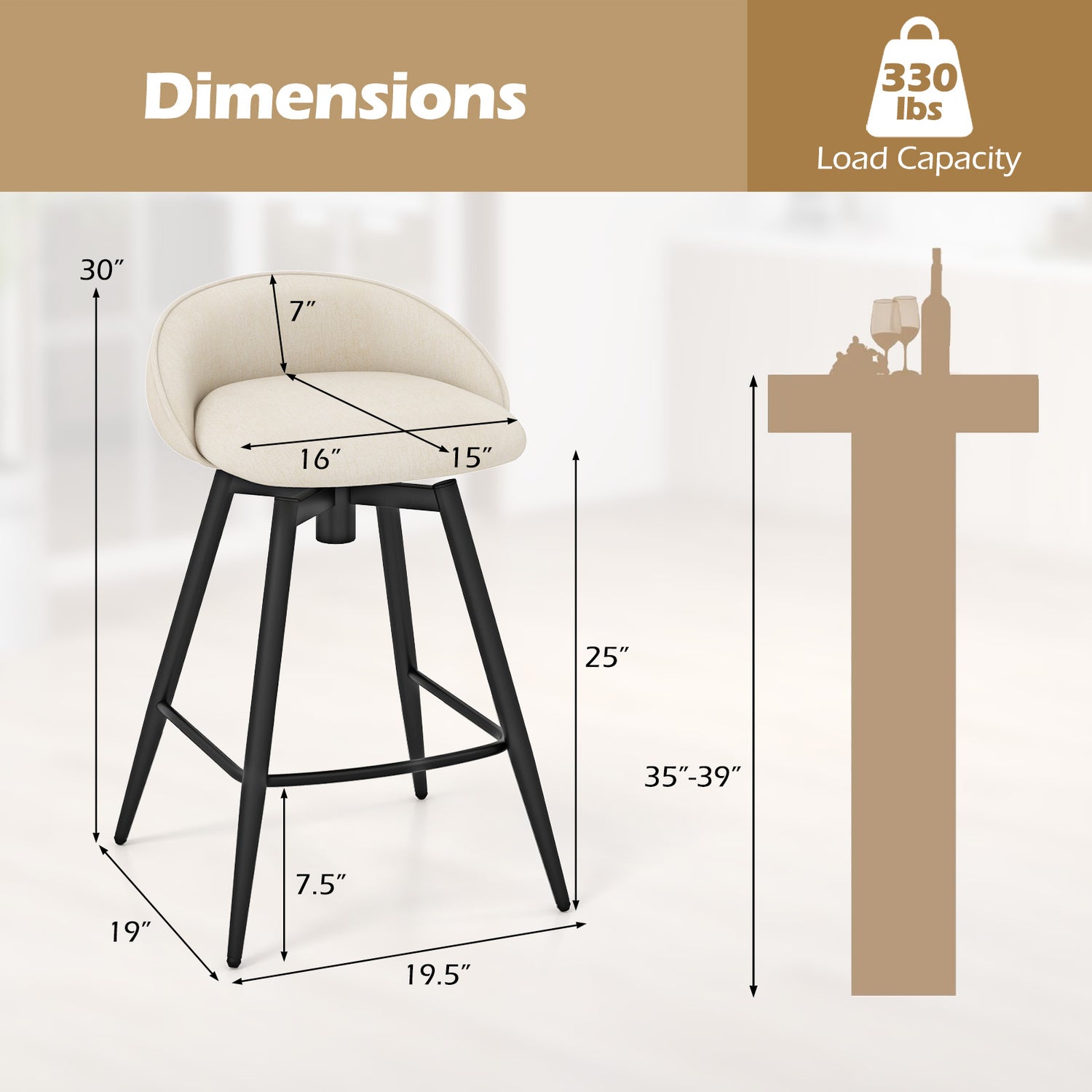 Upholstered Bar Stools Set of 2 with Footrest and Backrest