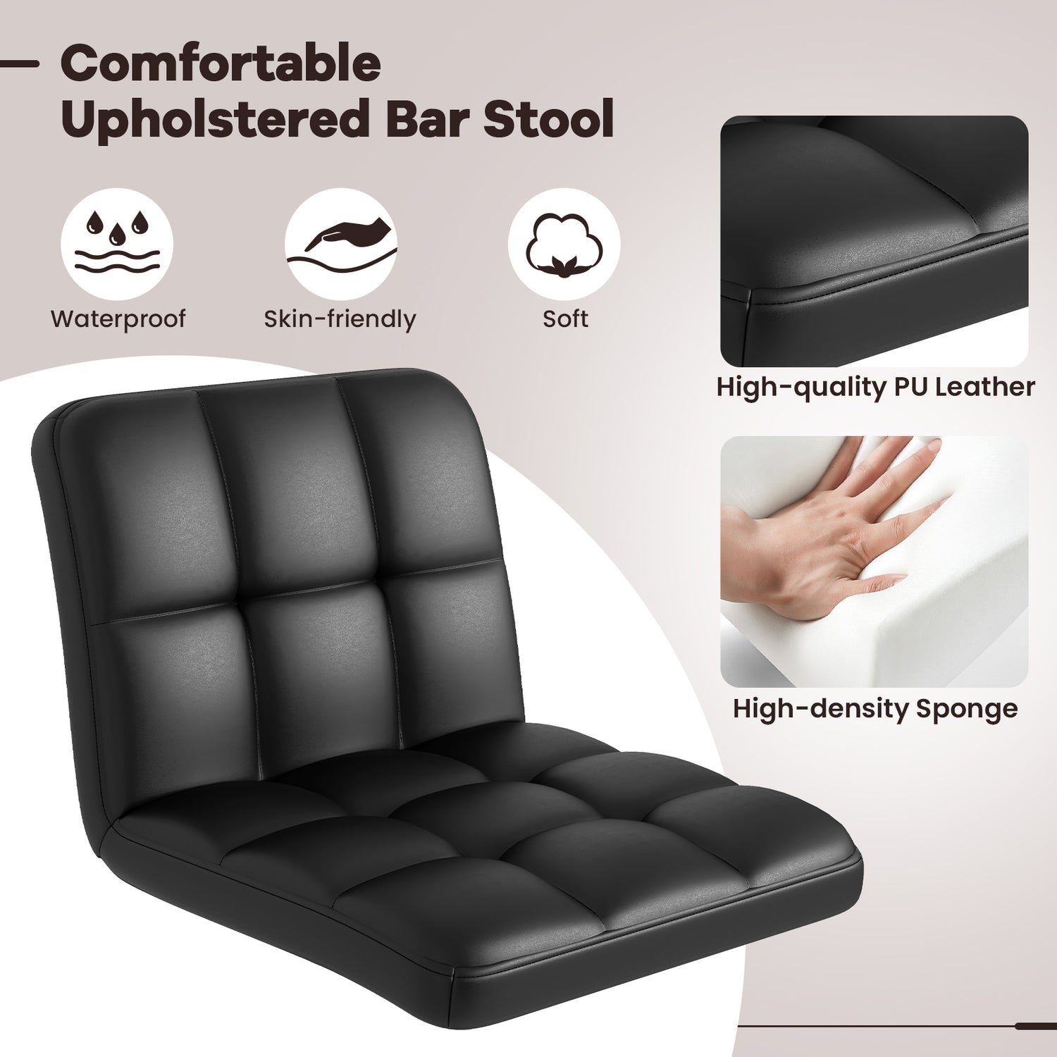 Set of 2 Square Swivel Adjustable PU Leather Bar Stools with Back and Footrest