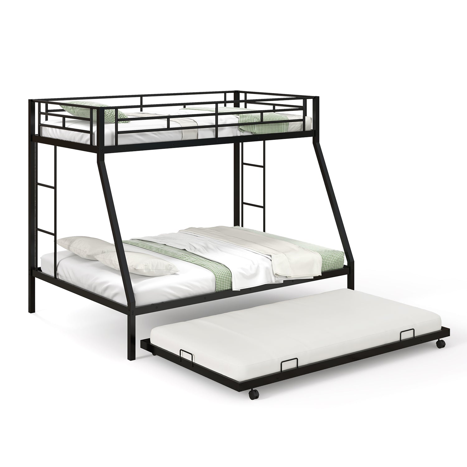 Twin Over Full Bunk Bed Frame with Trundle for Guest Room