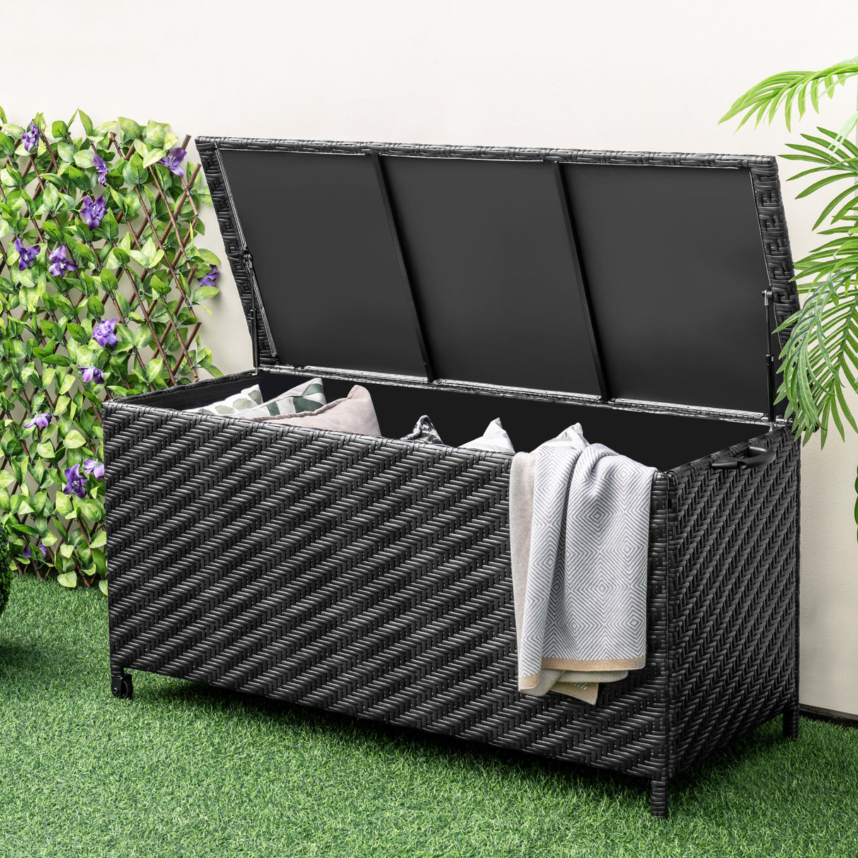 85 Gallon Outdoor Storage Box with Removable Liner and Universal Wheels