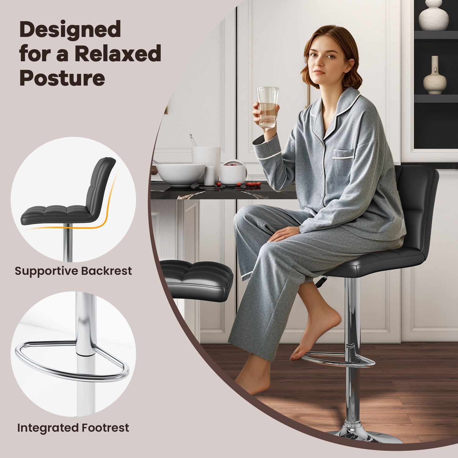 Set of 2 Square Swivel Adjustable PU Leather Bar Stools with Back and Footrest