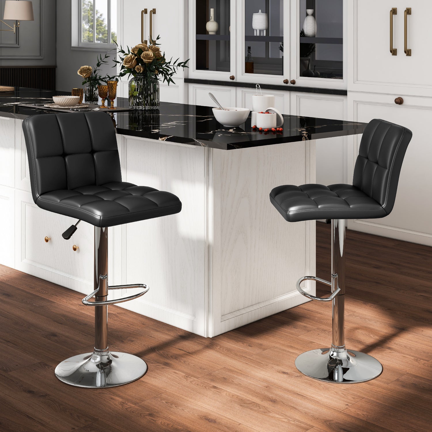 Set of 2 Square Swivel Adjustable PU Leather Bar Stools with Back and Footrest