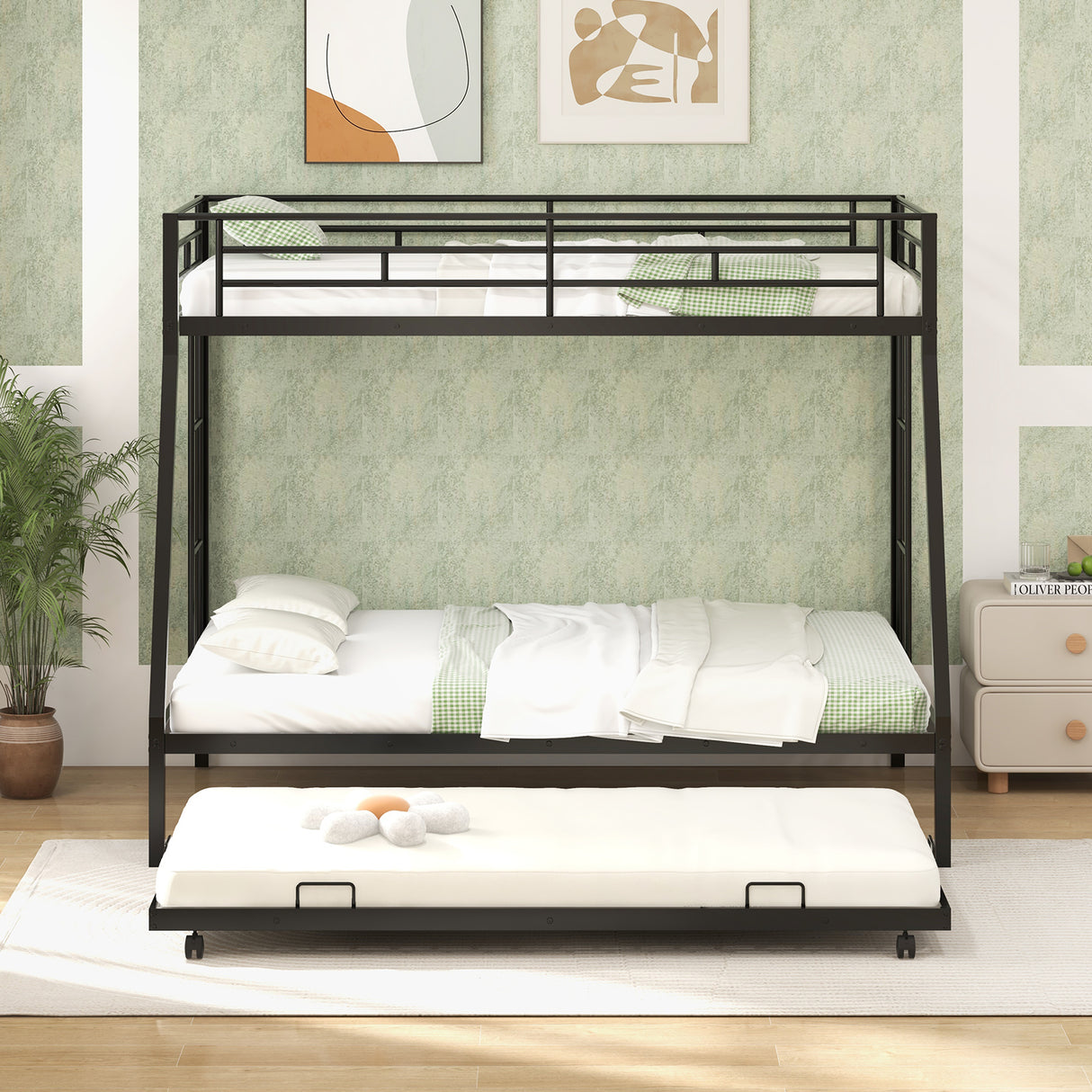 Twin Over Full Bunk Bed Frame with Trundle for Guest Room