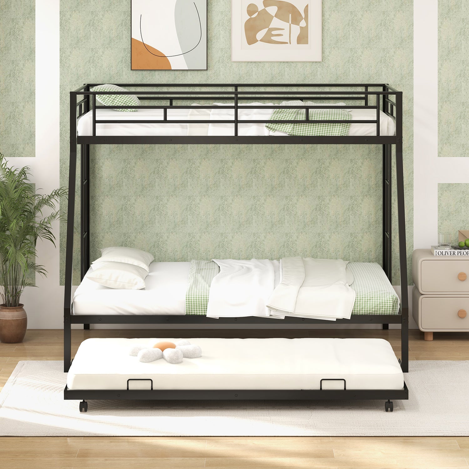 Twin Over Full Bunk Bed Frame with Trundle for Guest Room