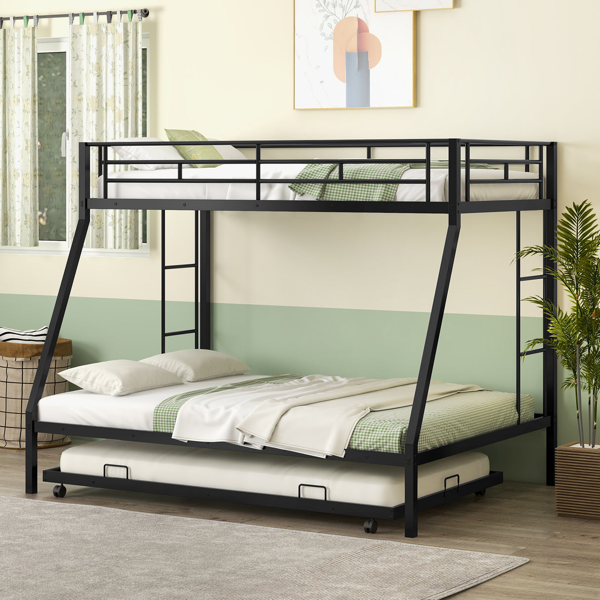 Twin Over Full Bunk Bed Frame with Trundle for Guest Room