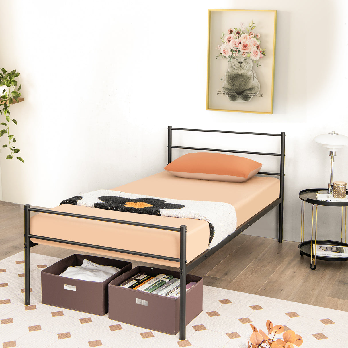 Twin Size Metal Bed Frame Platform with Headboard-Black