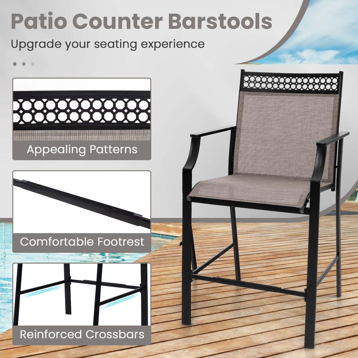 Outdoor Counter Stools Set of 2 Heavy-Duty Barstools with Footrest and Armrests