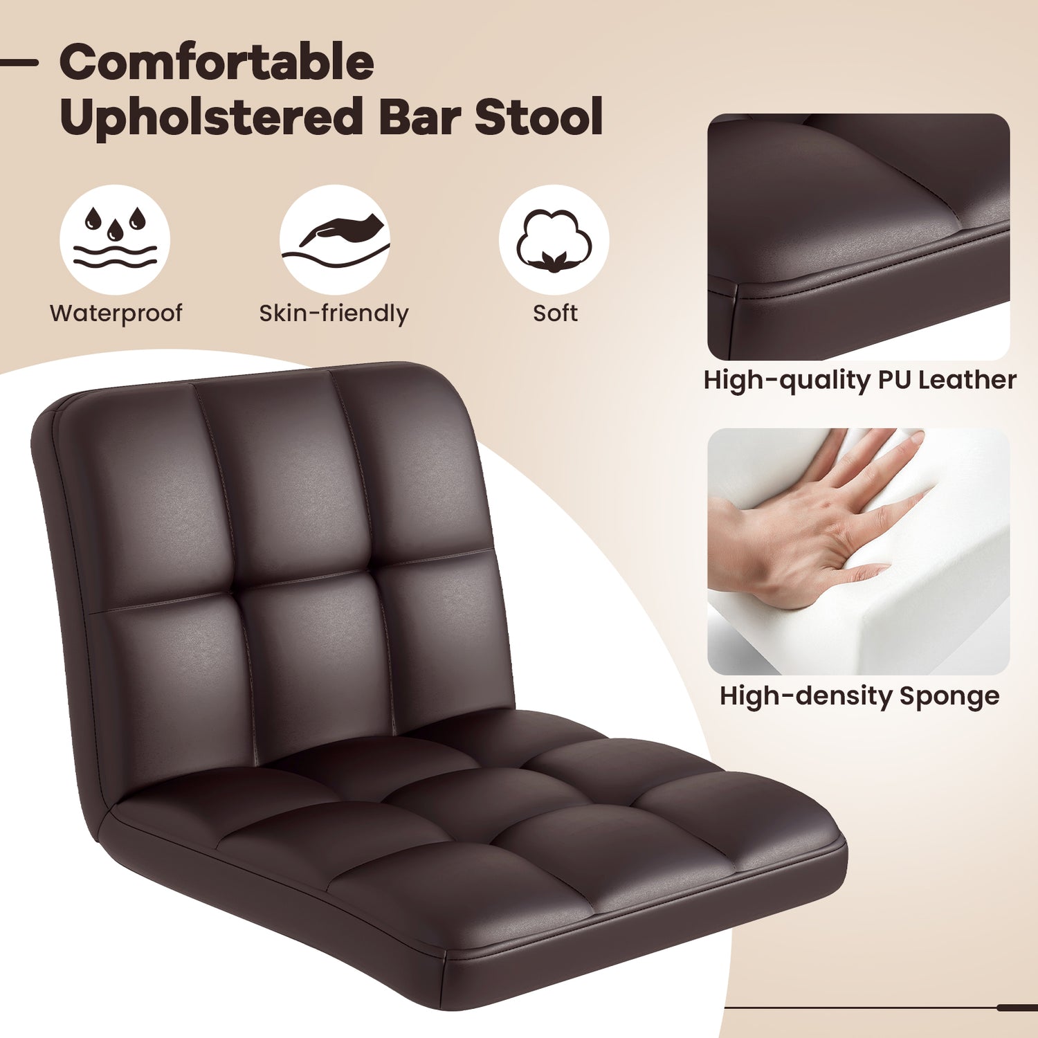 Set of 2 Square Swivel Adjustable PU Leather Bar Stools with Back and Footrest