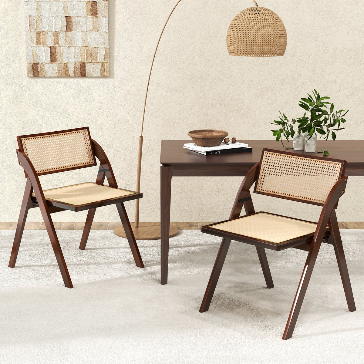 Foldable Dining Chairs Set of 2 with Woven Rattan Backrest