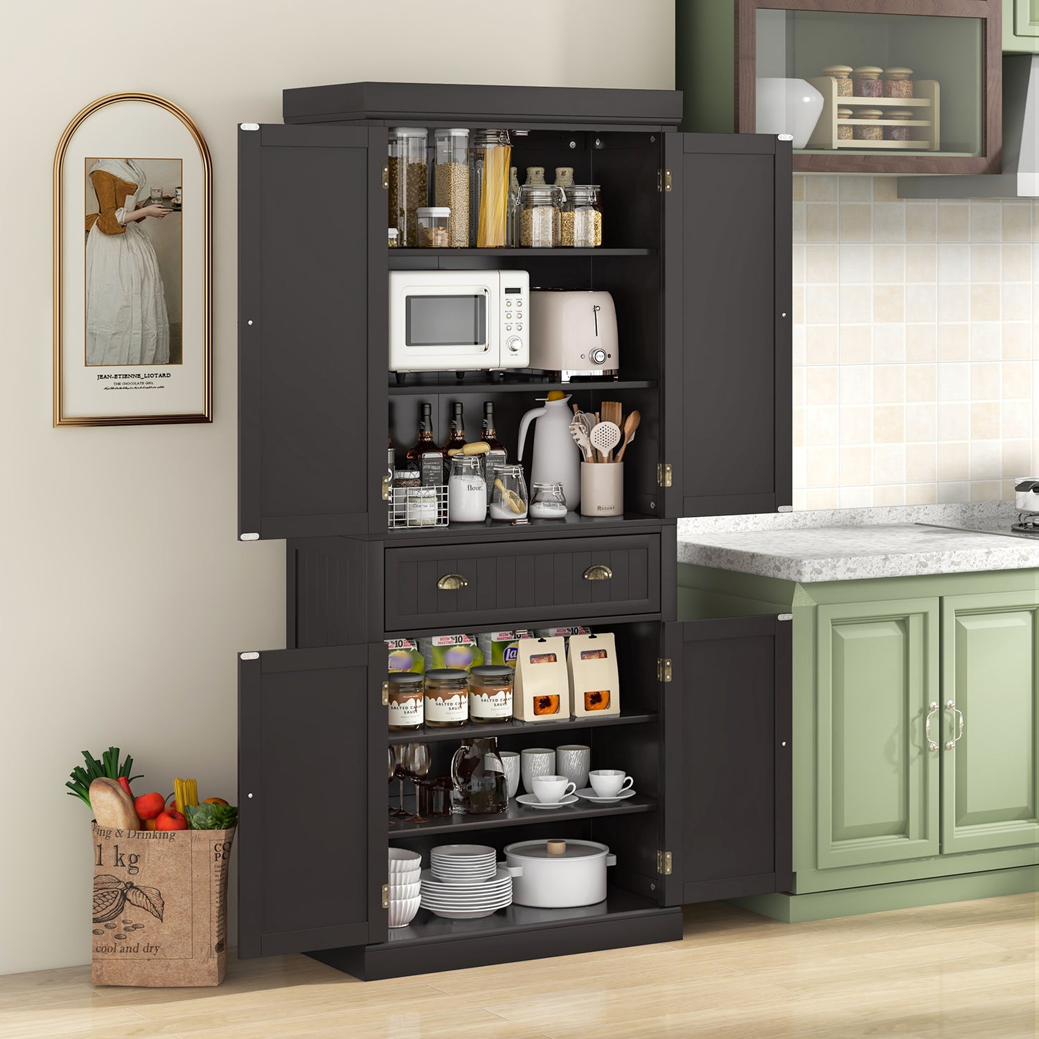 Cupboard Freestanding Kitchen Cabinet w/ Adjustable Shelves