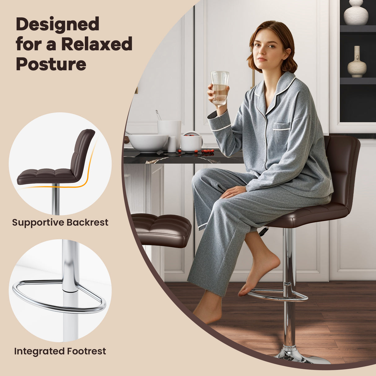 Set of 2 Square Swivel Adjustable PU Leather Bar Stools with Back and Footrest