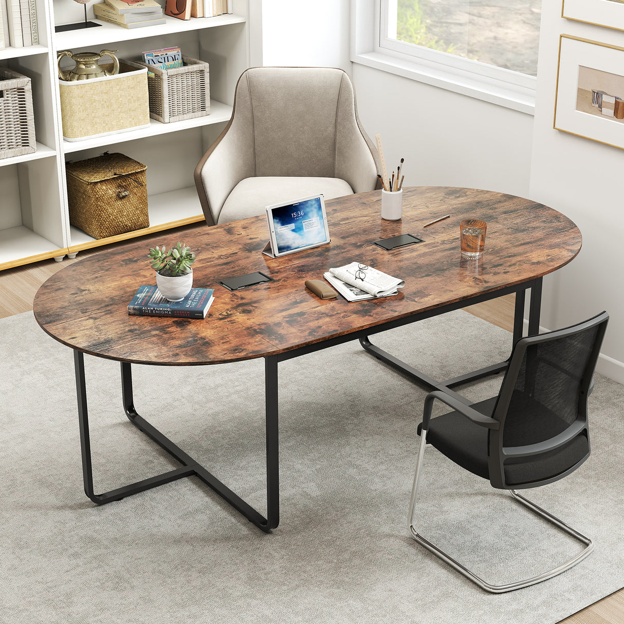 95 Inches Oval Conference Industrial Executive Table with Dual Cable Holes-Rustic Brown