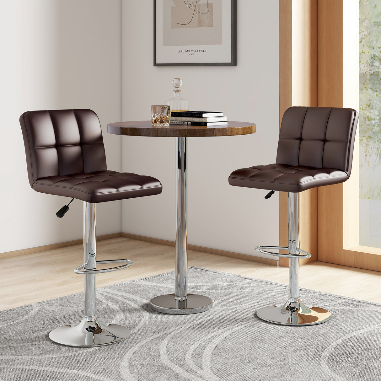 Set of 2 Square Swivel Adjustable PU Leather Bar Stools with Back and Footrest