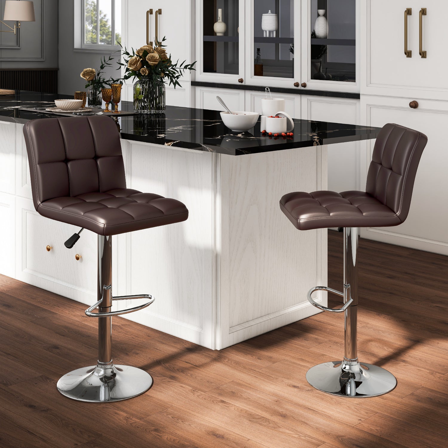 Set of 2 Square Swivel Adjustable PU Leather Bar Stools with Back and Footrest