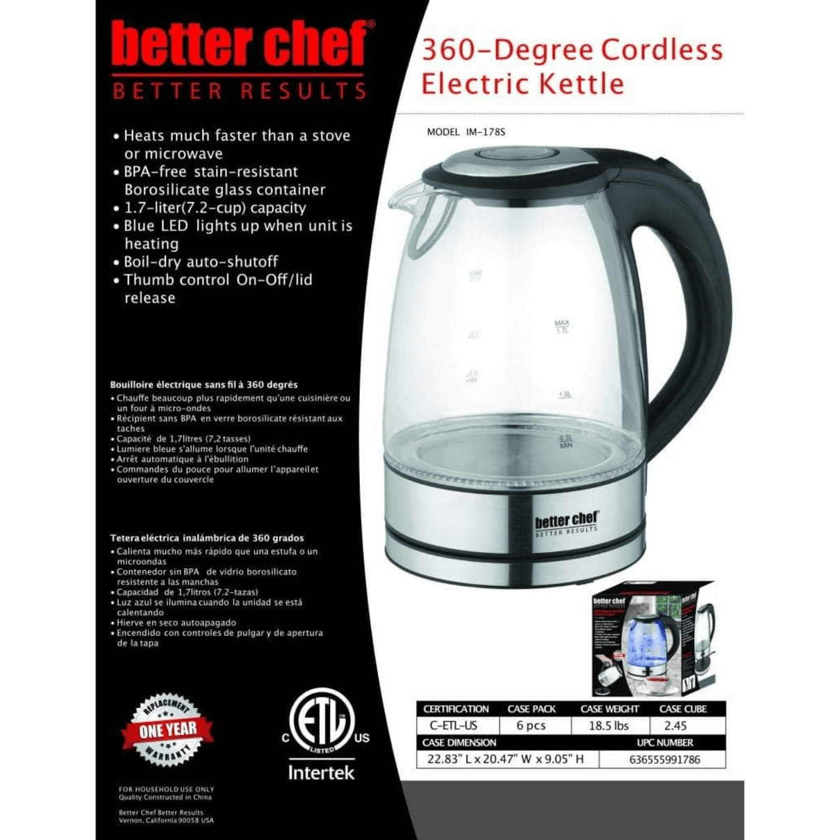 Better Chef 1500W 7-Cup Cordless Electric Borosilicate Glass Kettle with 360 Degree Swivel Base