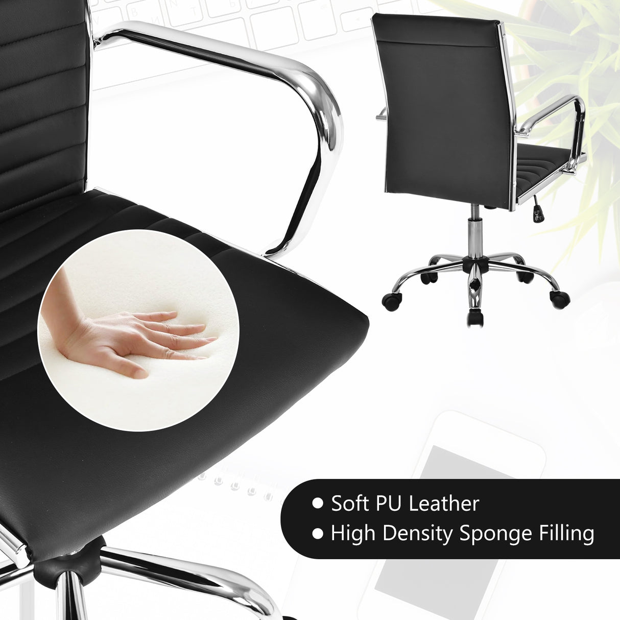 High Back Ribbed Office Chair with Armrests-Black