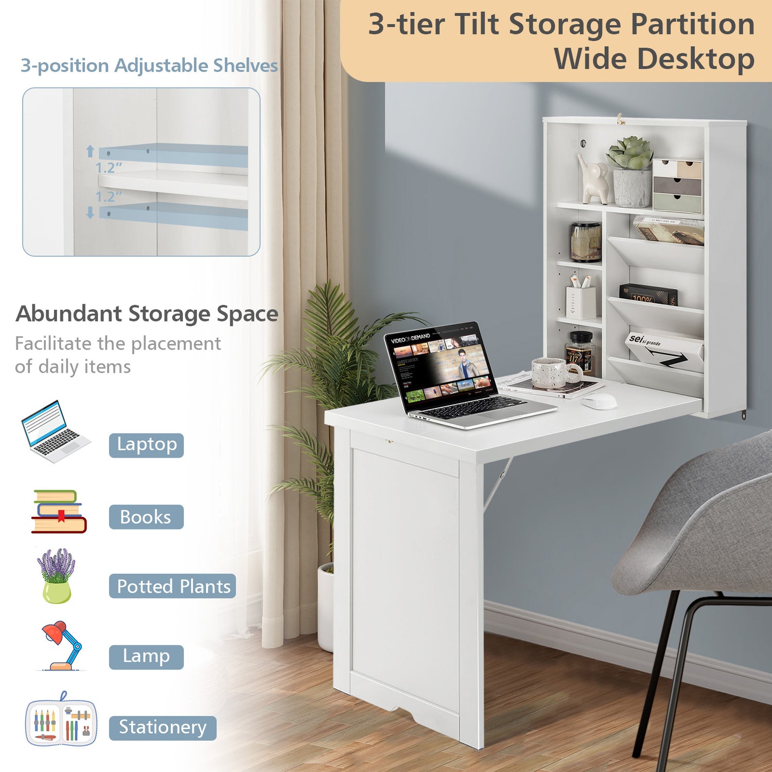 Wall Mounted Fold-Out Convertible Floating Desk Space Saver