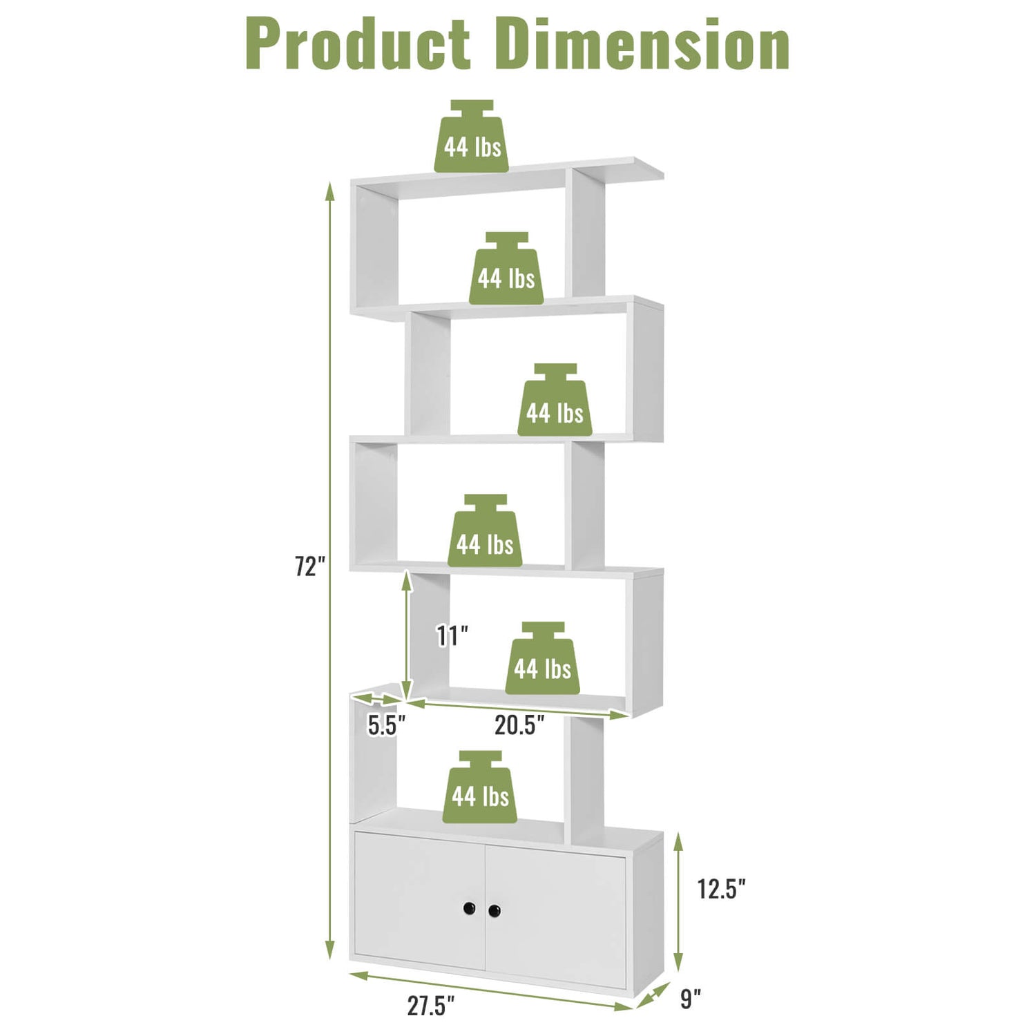 6-Tier S-Shaped Freestanding Bookshelf with Cabinet and Doors