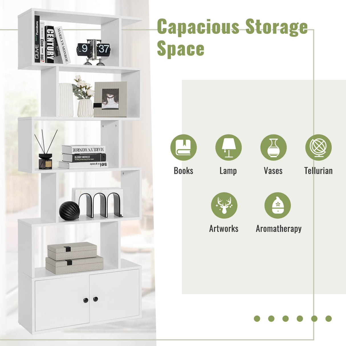 6-Tier S-Shaped Freestanding Bookshelf with Cabinet and Doors