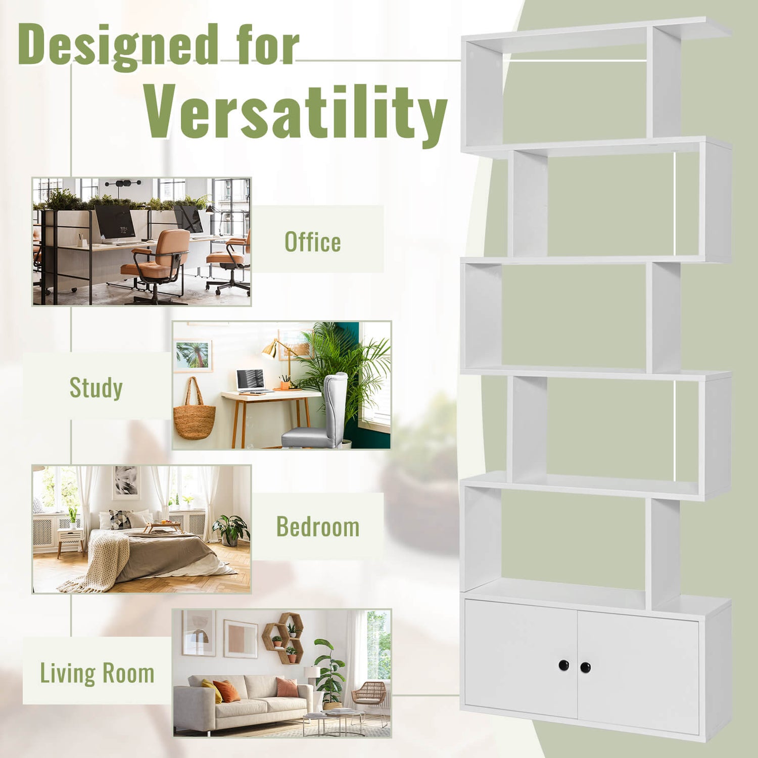 6-Tier S-Shaped Freestanding Bookshelf with Cabinet and Doors