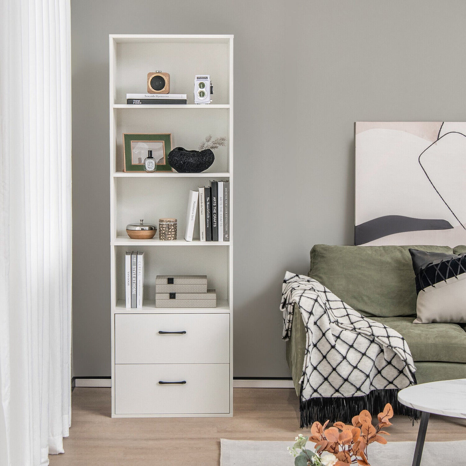 6-Tier Tall Freestanding Bookshelf with 4 Open Shelves and 2 Drawers
