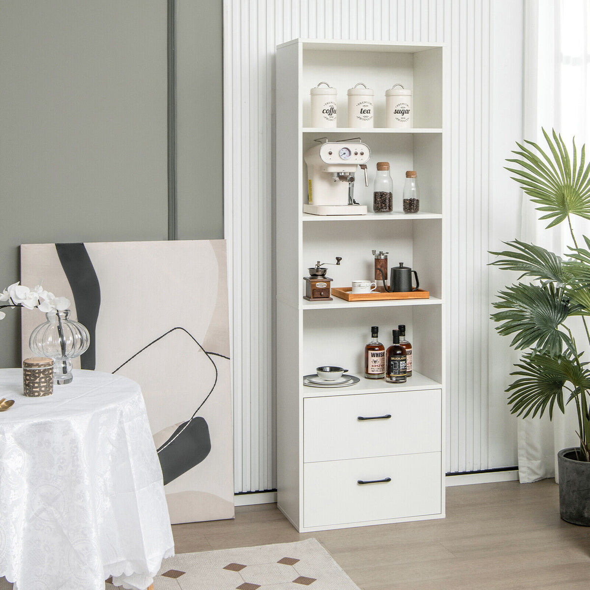 6-Tier Tall Freestanding Bookshelf with 4 Open Shelves and 2 Drawers