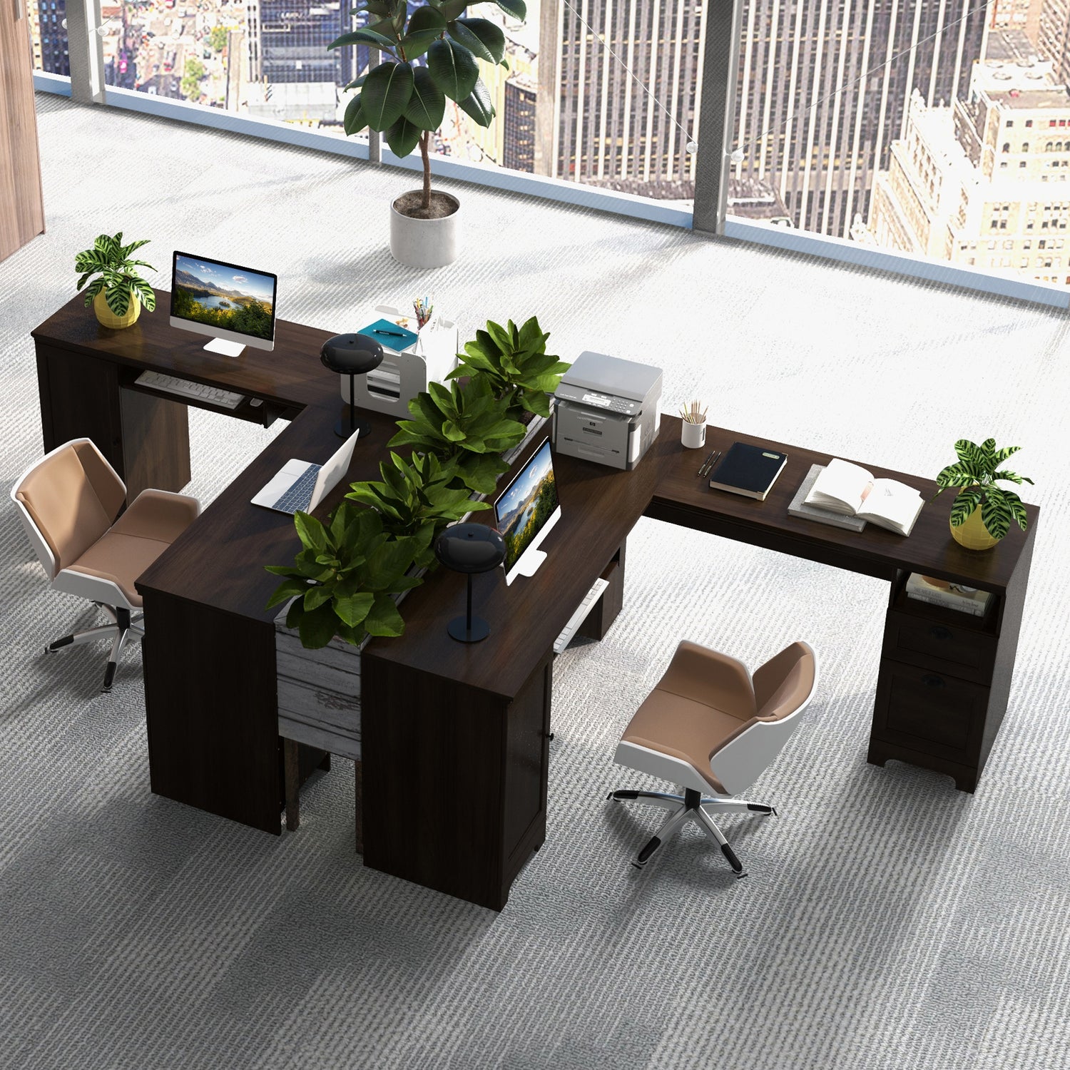 66 Inch L-Shaped Writing Study Workstation Computer Desk with Drawers