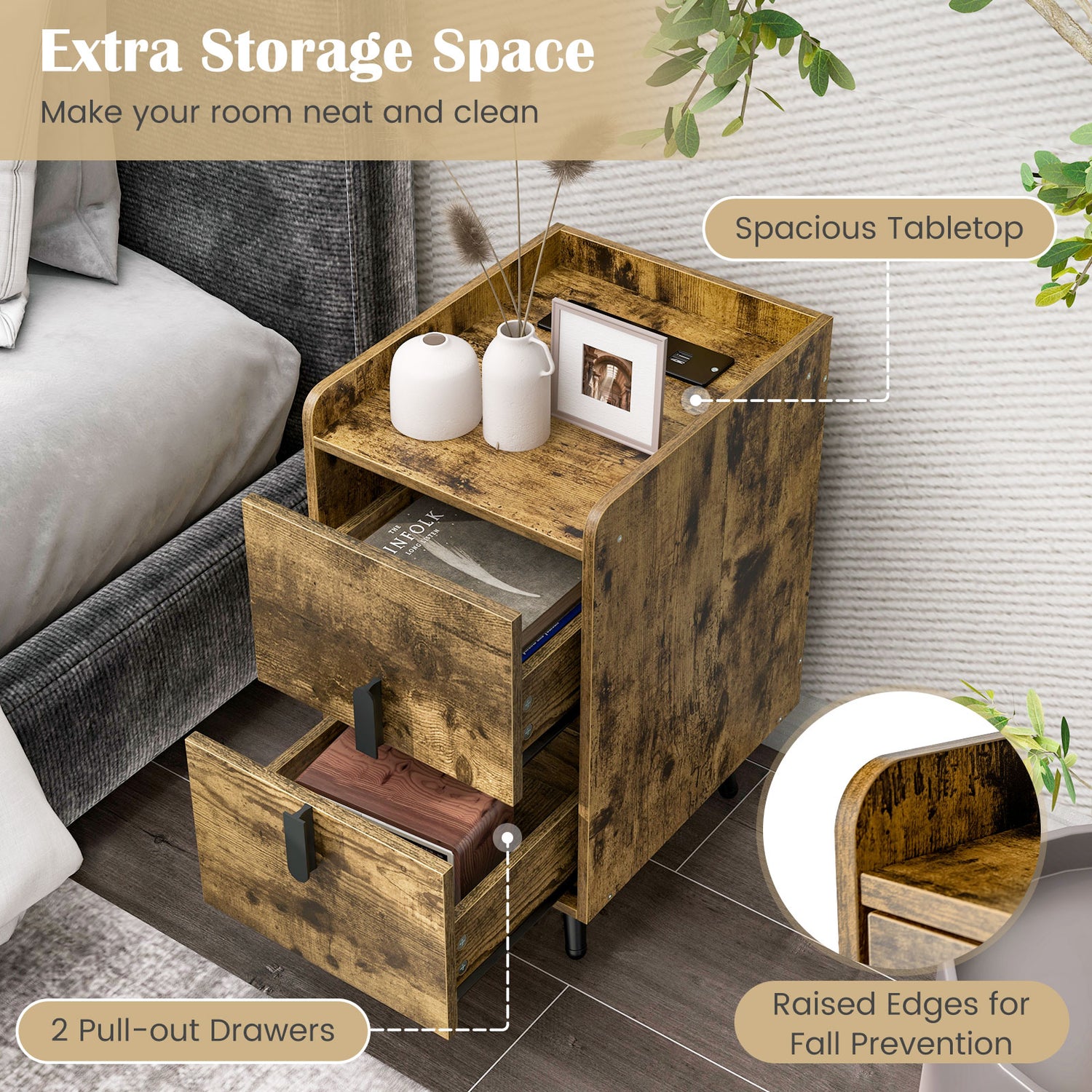 Nightstand Side Tables with 2 Drawers and 2 USB Ports