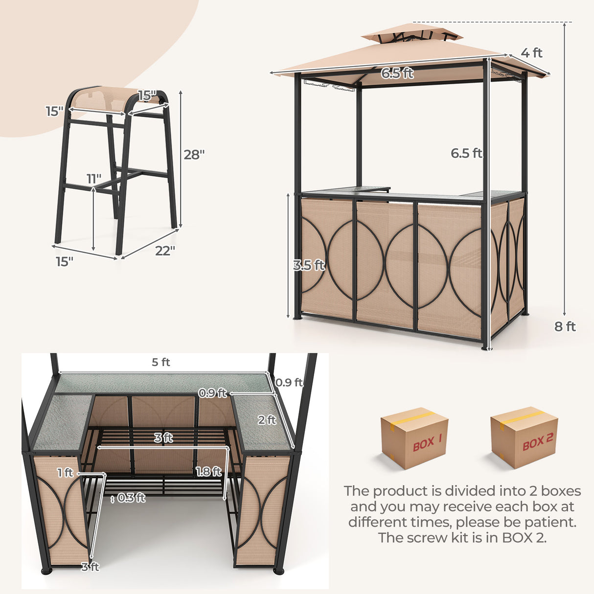 3-Piece Patio Bar Set Grill Gazebo & 2 Bar Stools with Tempered Glass Bar Table