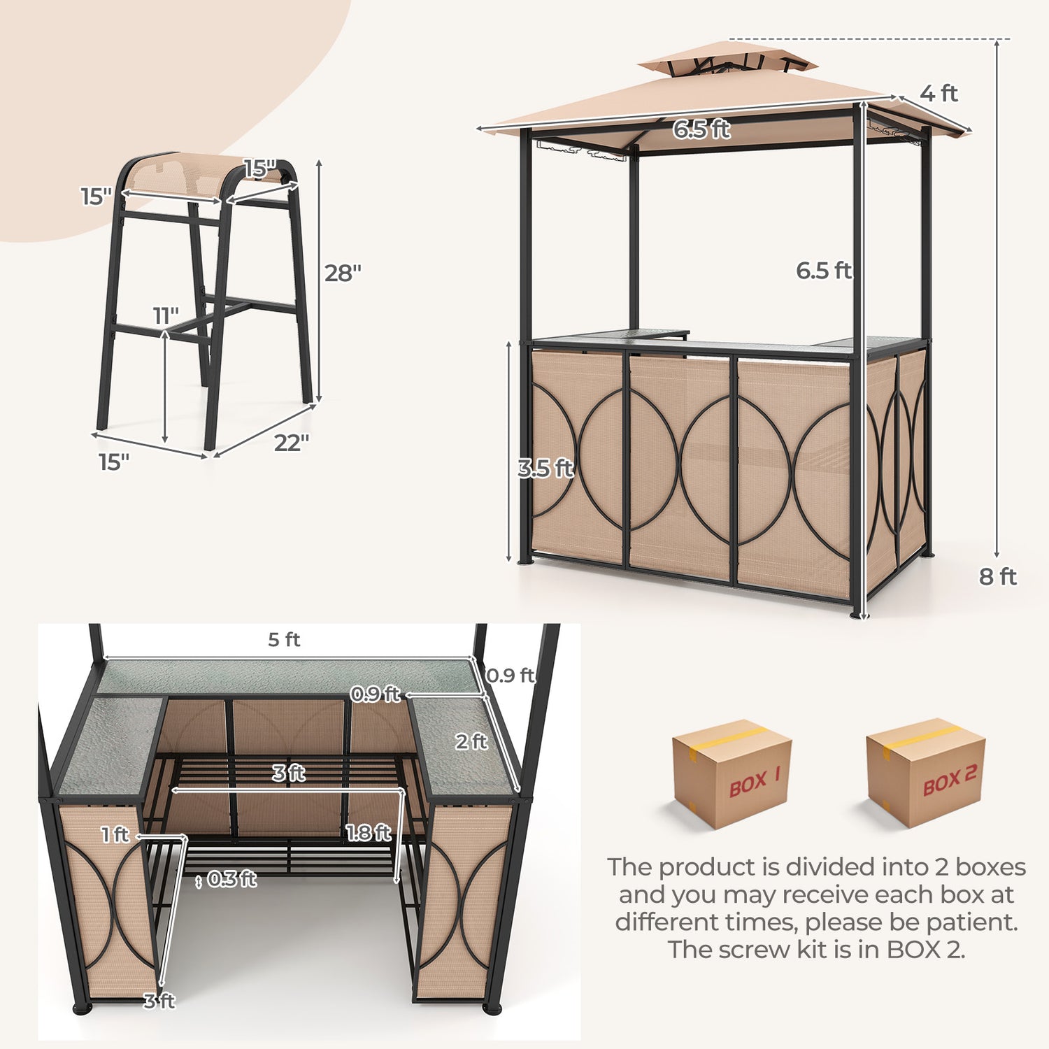3-Piece Patio Bar Set Grill Gazebo & 2 Bar Stools with Tempered Glass Bar Table