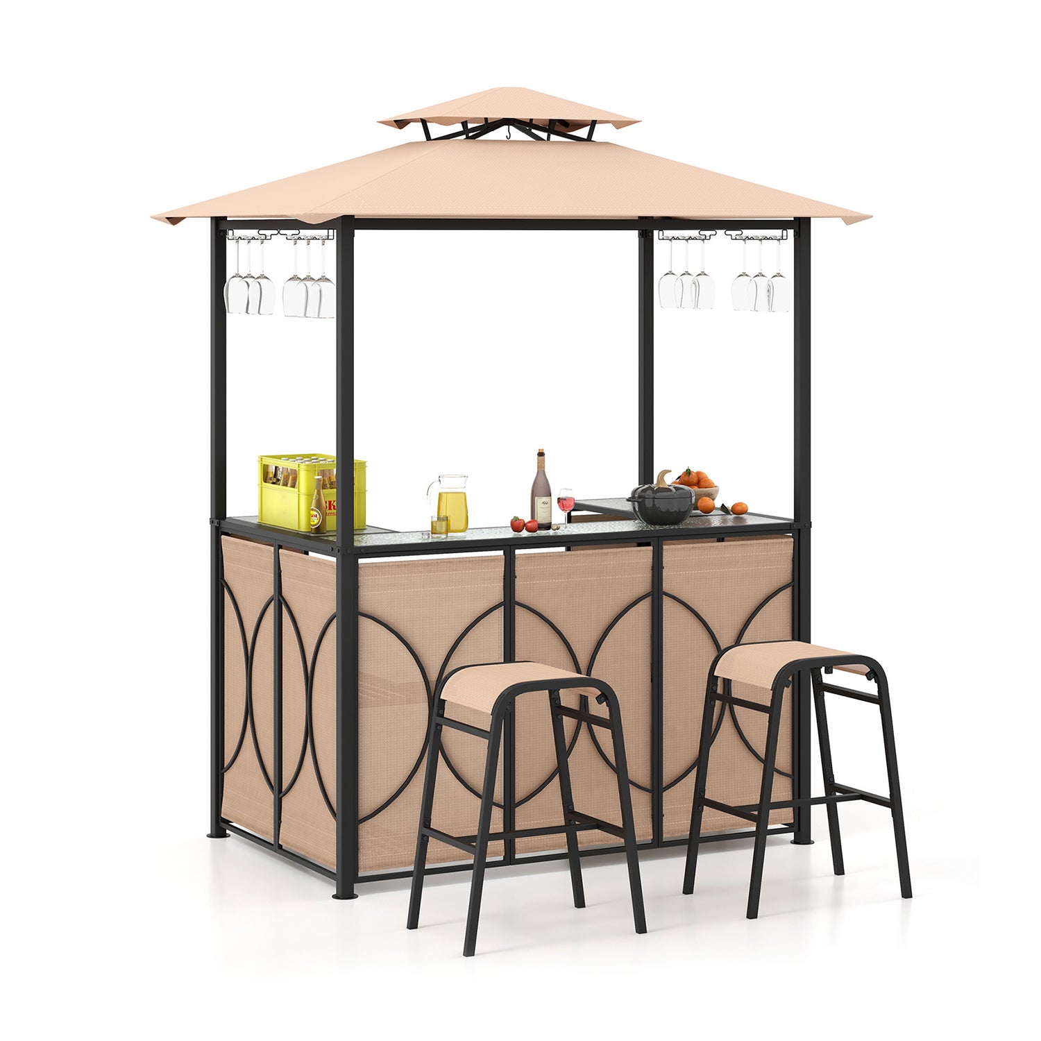 3-Piece Patio Bar Set Grill Gazebo & 2 Bar Stools with Tempered Glass Bar Table